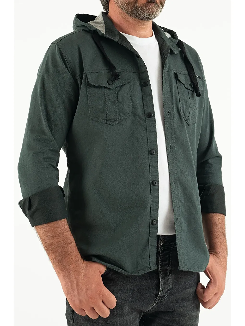 Petrol Erkek Slim Fit Dar Kalıp Kapüşonlu Jean Gömlek-2