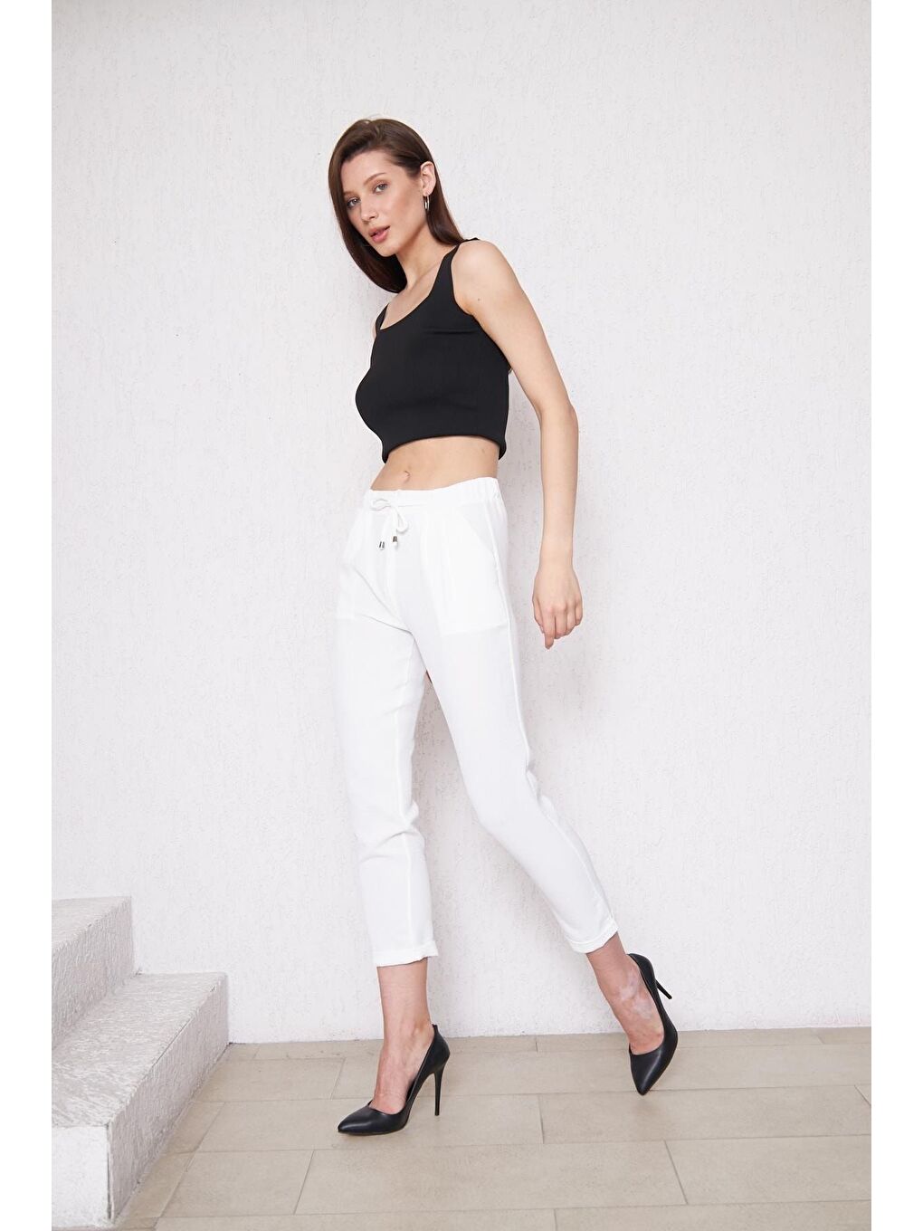 Kadın Beli Lastikli Aerobin Duble Paça Beyaz Pantolon-4