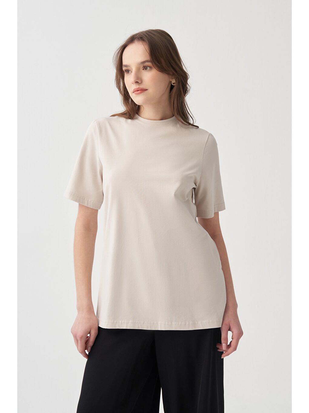 Bej Taş-Bisiklet Yaka Modal T-Shirt-1