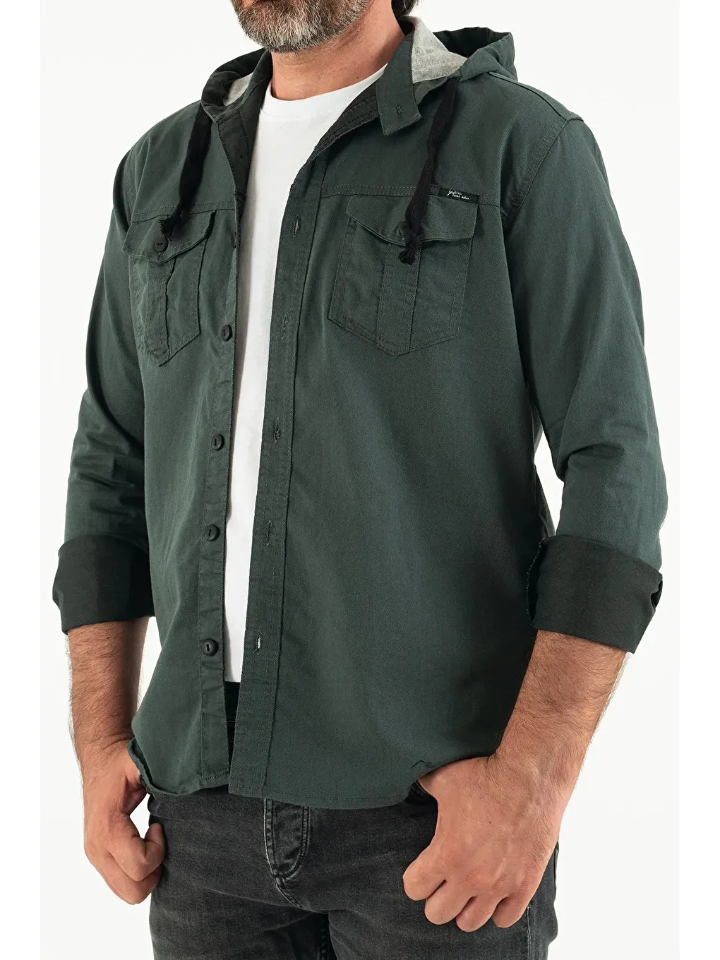 Petrol Erkek Slim Fit Dar Kalıp Kapüşonlu Jean Gömlek-3