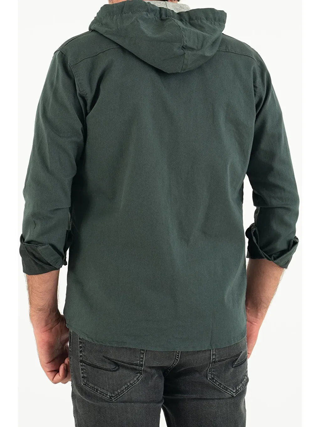 Petrol Erkek Slim Fit Dar Kalıp Kapüşonlu Jean Gömlek-4