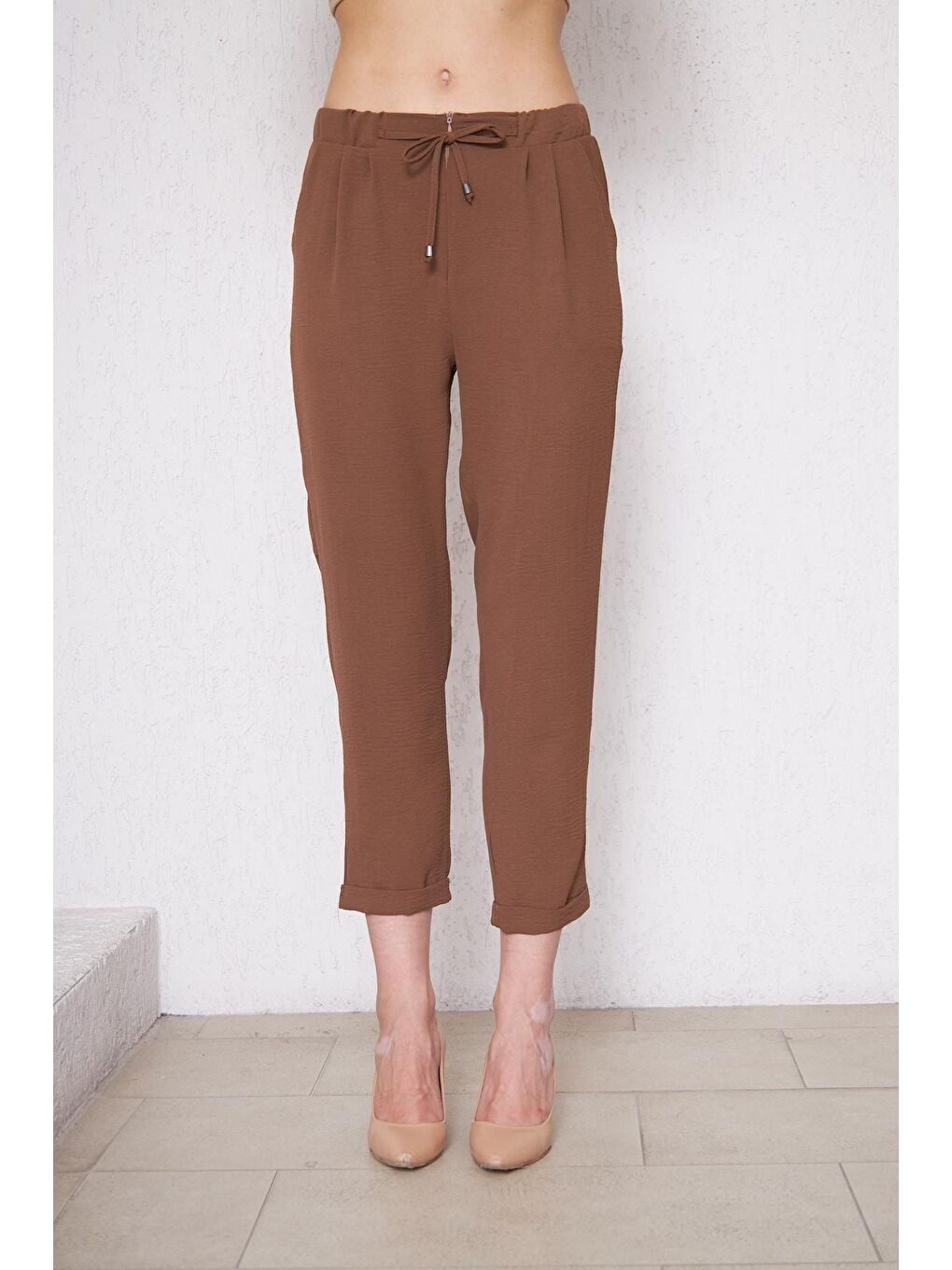 Kahverengi Kadın Beli Lastikli Aerobin Duble Paça Kahve Pantolon-1