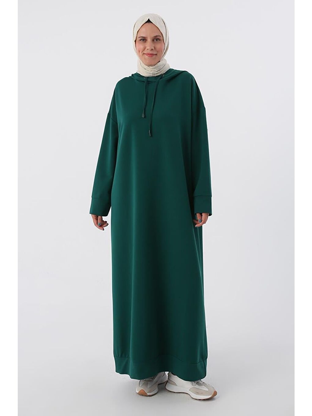 Yeşil Zümrüt Büyük Beden Kapüşonlu Basic Örme Elbise-1