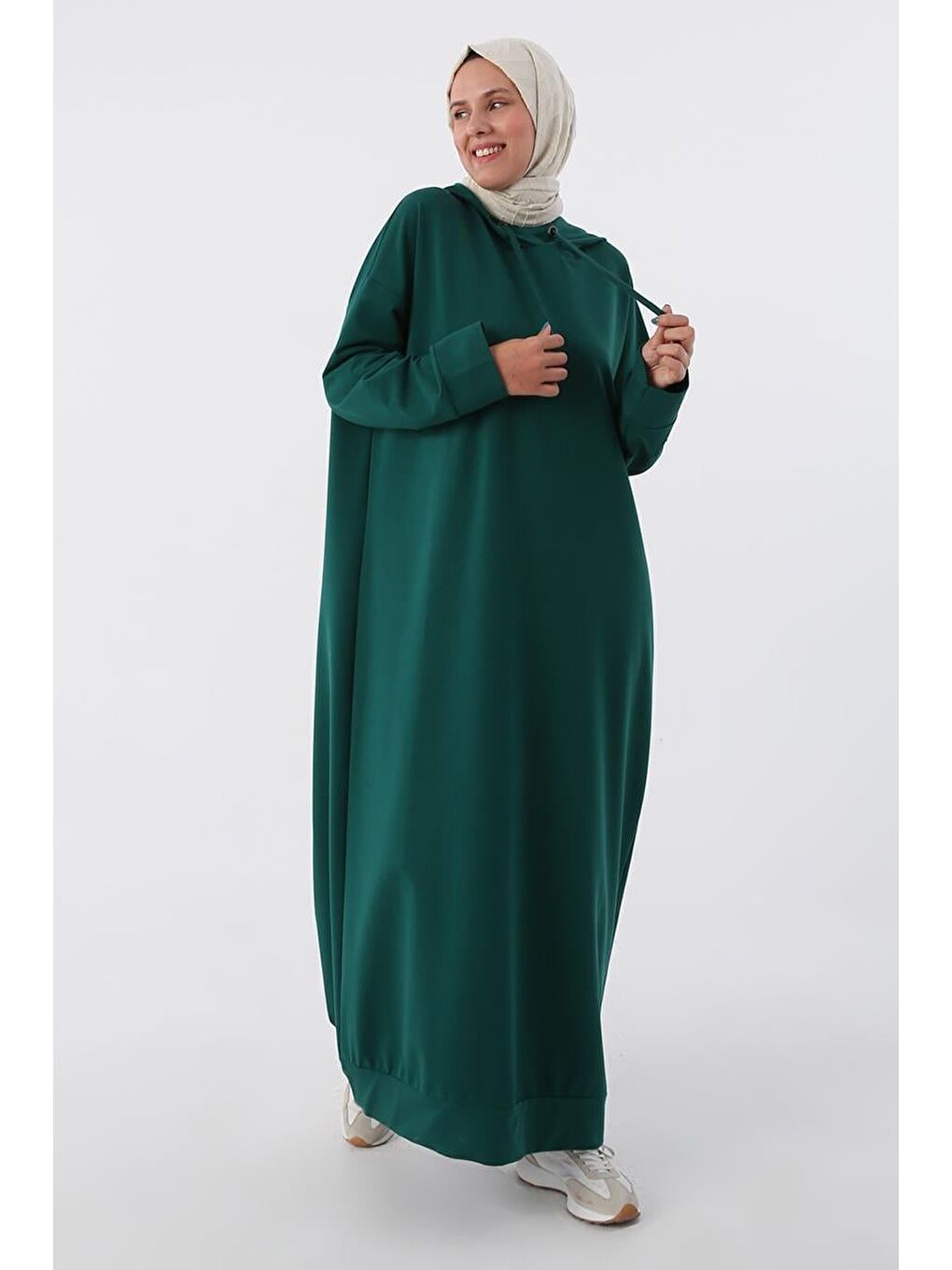 Yeşil Zümrüt Büyük Beden Kapüşonlu Basic Örme Elbise-2