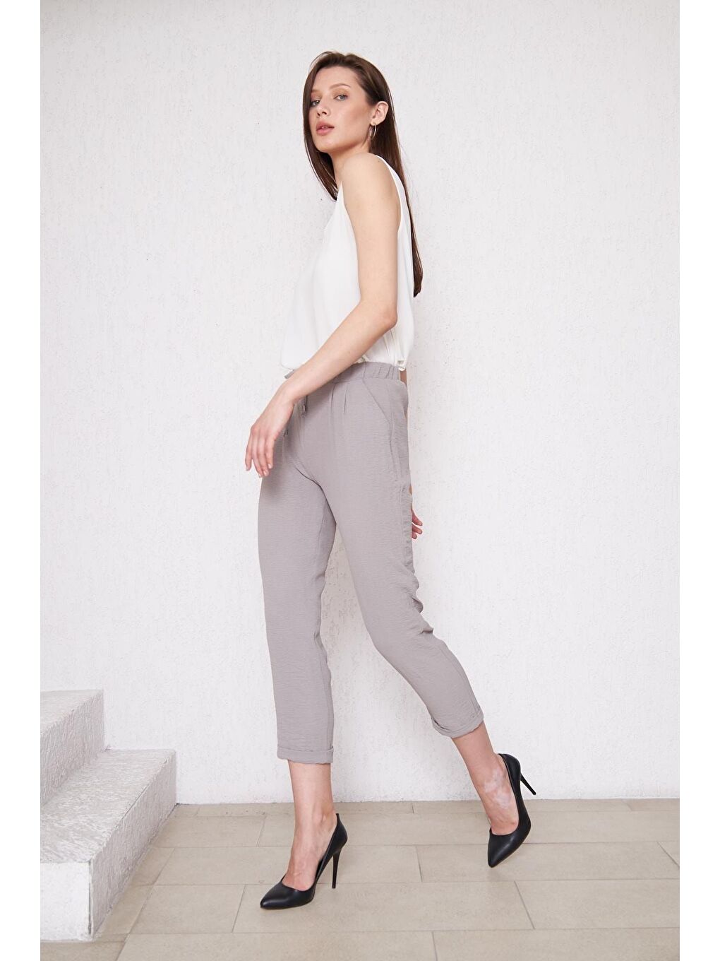 Kadın Beli Lastikli Aerobin Duble Paça Gri Pantolon-3
