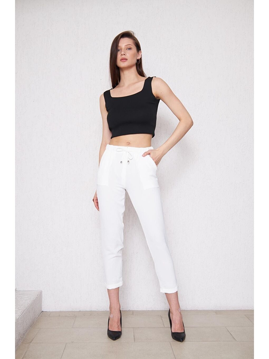 Kadın Beli Lastikli Aerobin Duble Paça Beyaz Pantolon-5