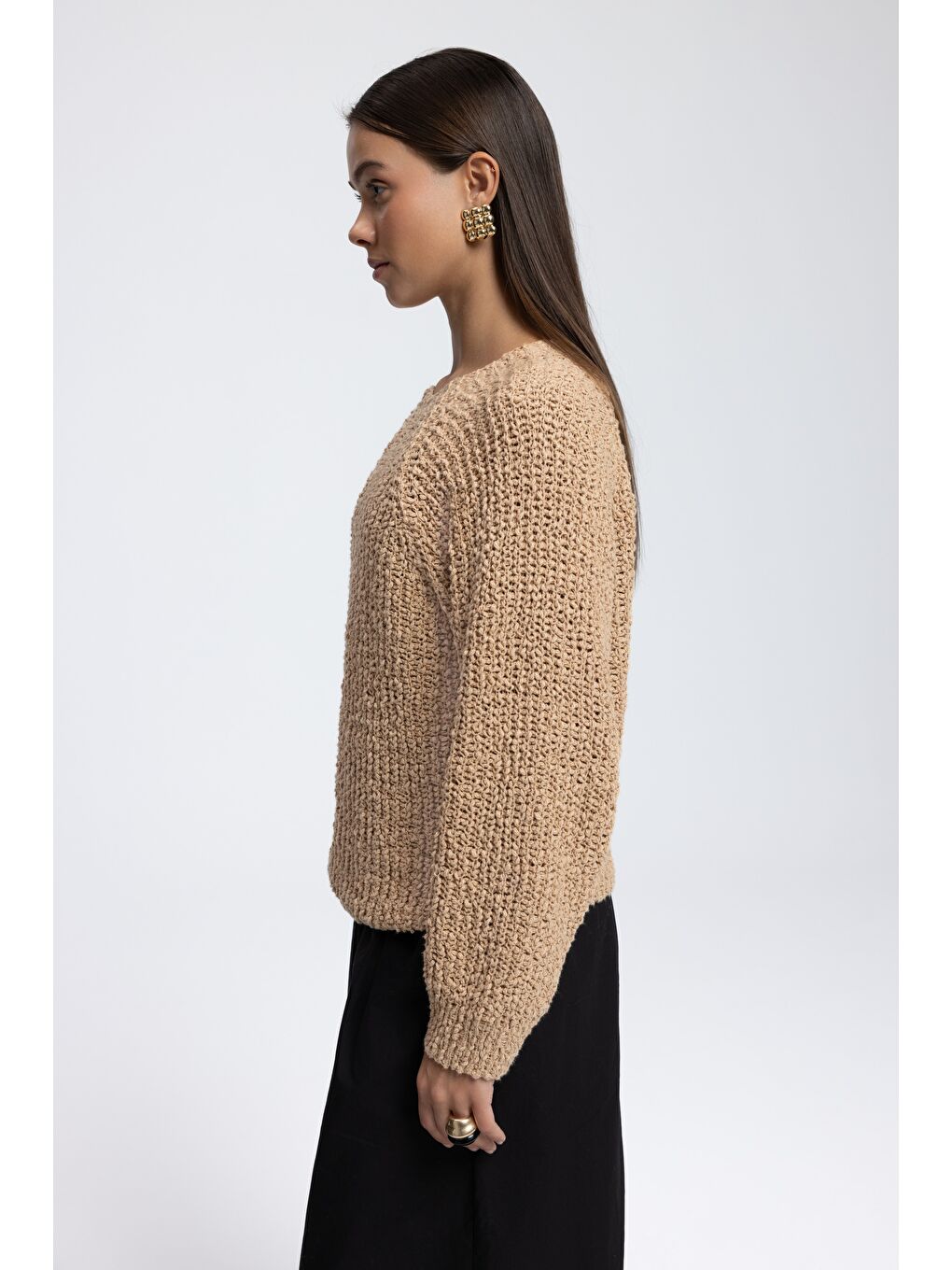 Sarı Latte Bisiklet Yaka Hardal Triko Kazak-3