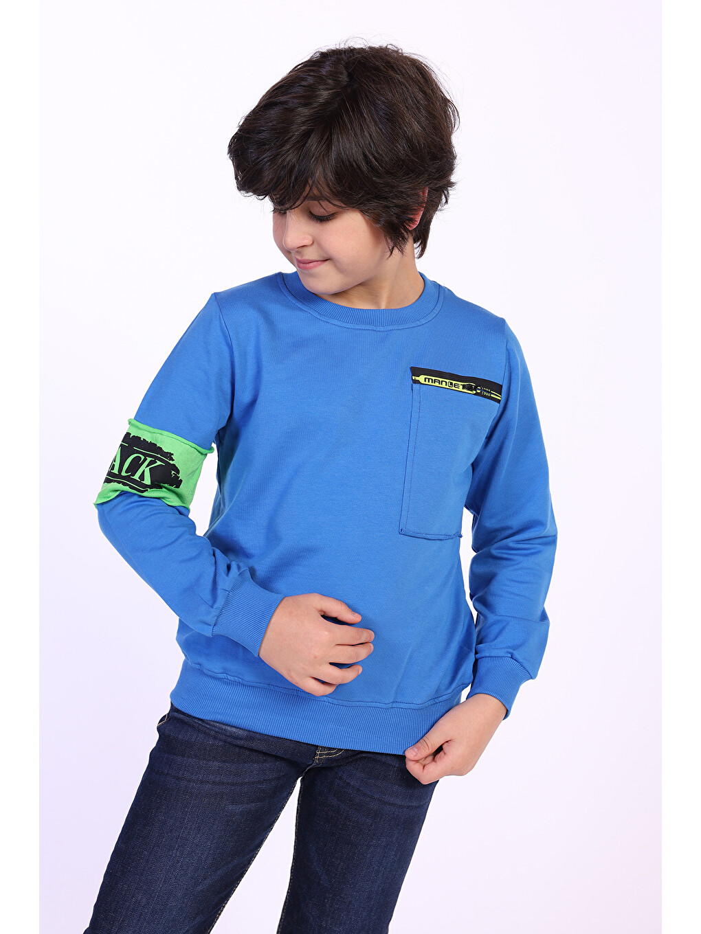 Mavi Erkek Çocuk Kolu Baskılı Sweatshirt