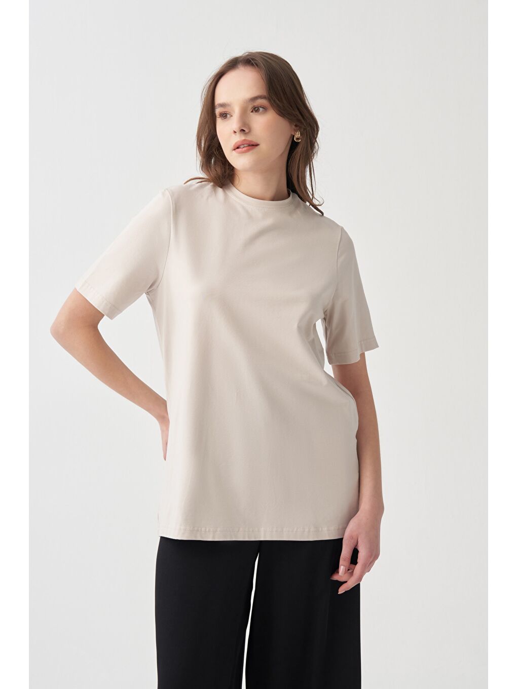 Bej Taş-Bisiklet Yaka Modal T-Shirt-2