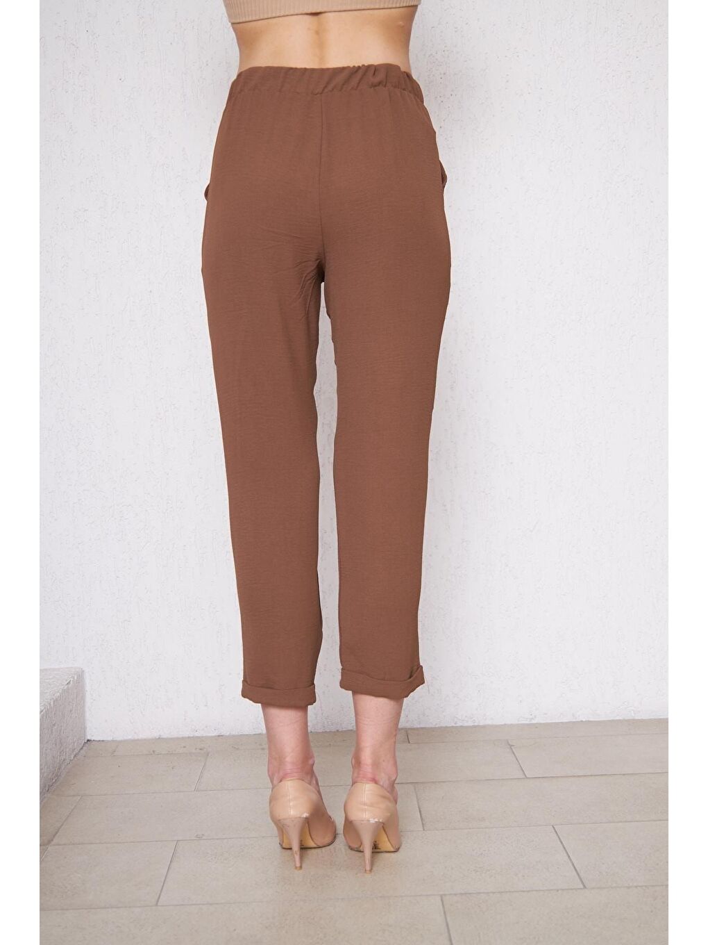 Kahverengi Kadın Beli Lastikli Aerobin Duble Paça Kahve Pantolon-2