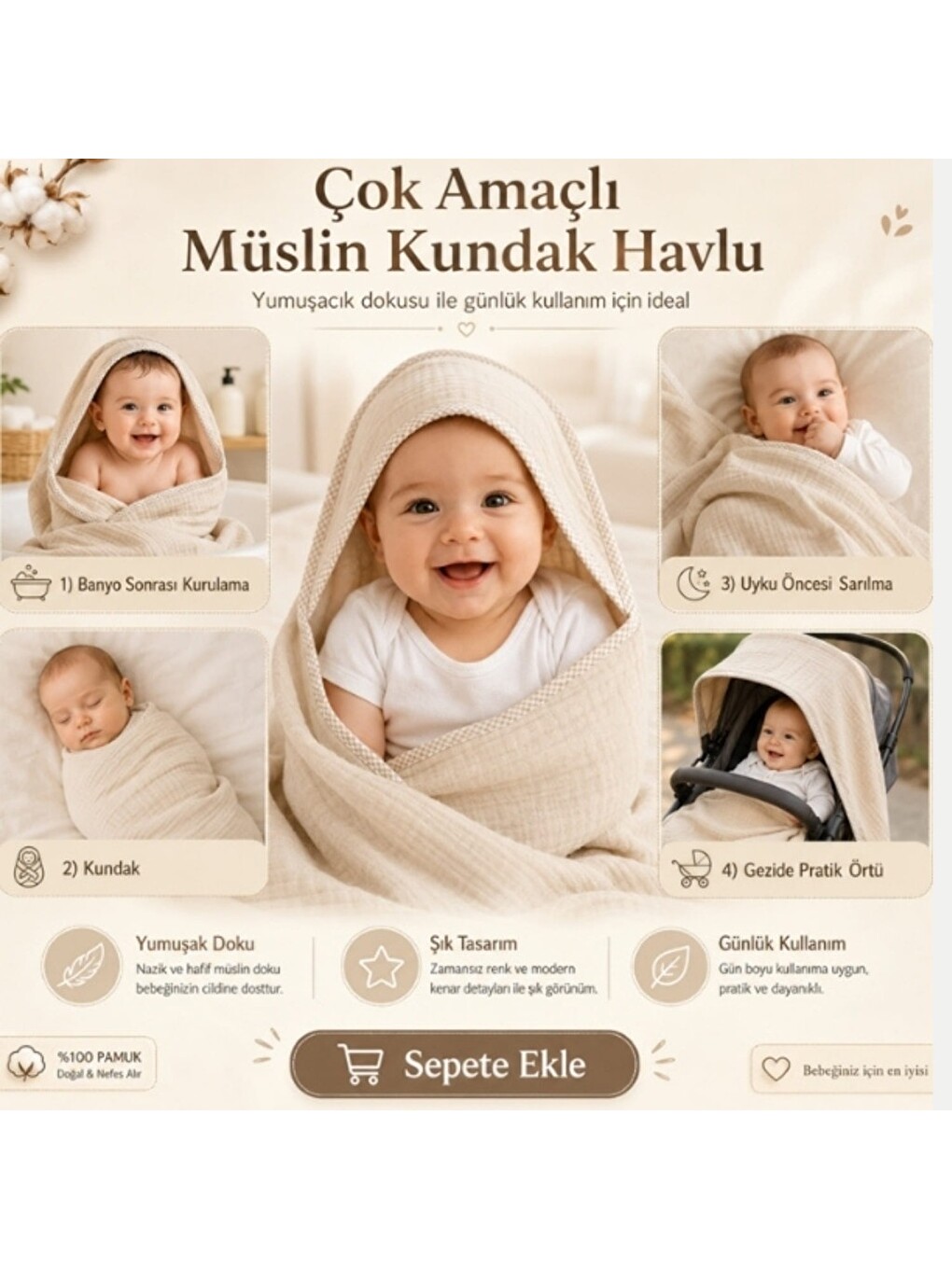 Kahverengi Bebek Müslin %100 Pamuk Havlu Kundak 80x80cm Renk Seçenekli-1