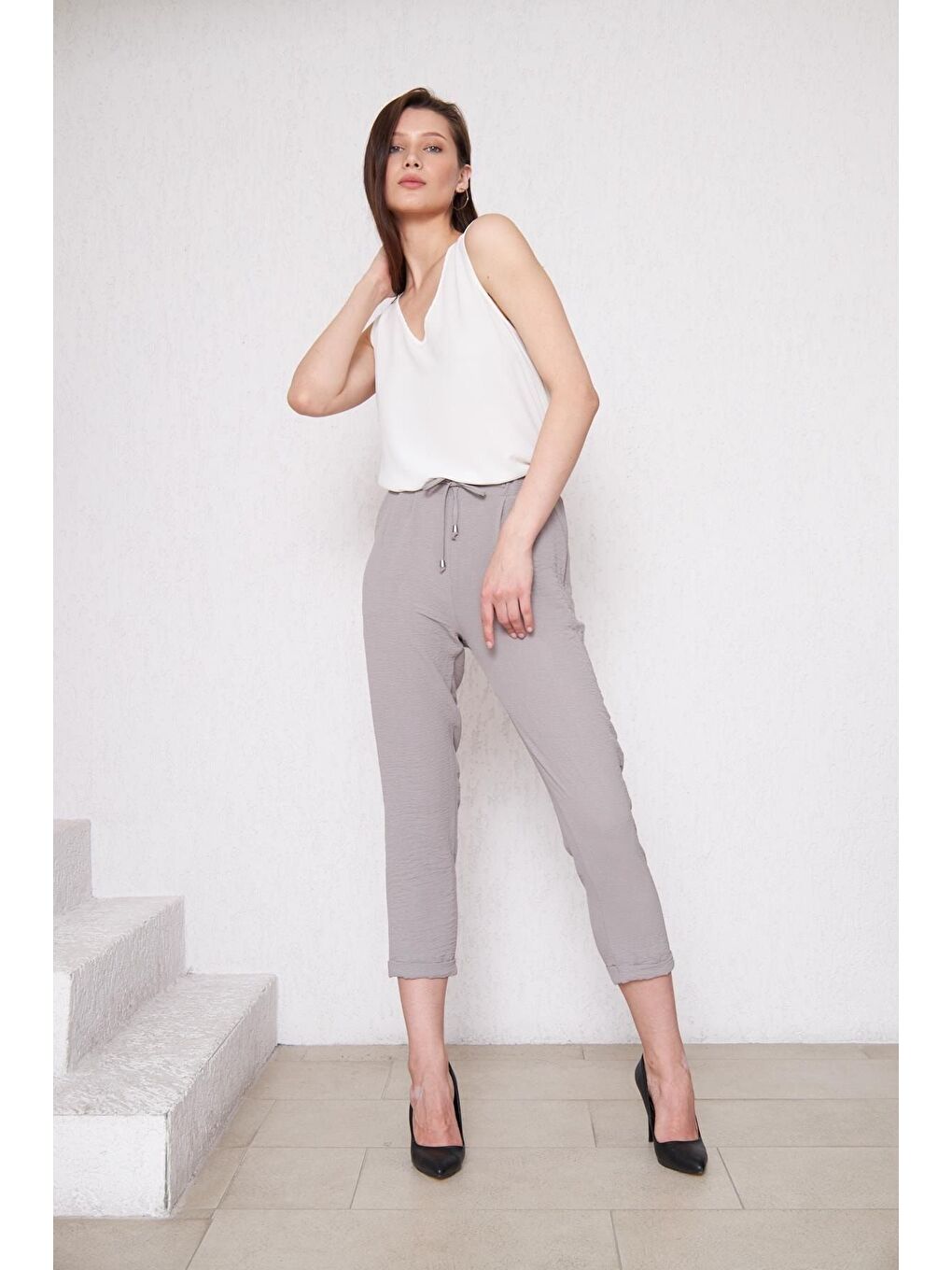 Kadın Beli Lastikli Aerobin Duble Paça Gri Pantolon-4