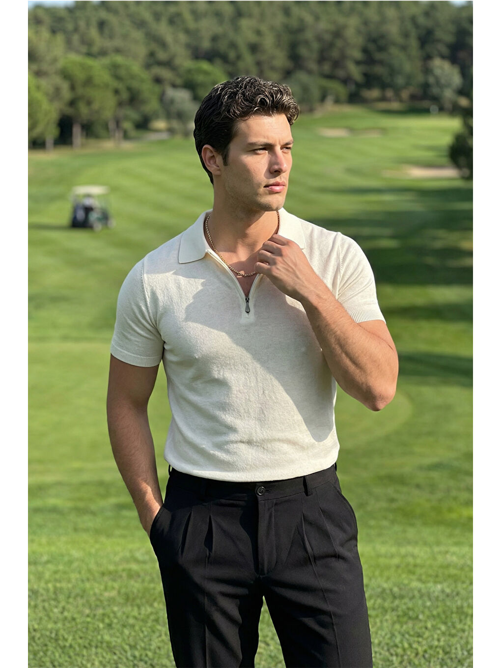 Beyaz Osko Erkek Polo Yaka Pamuk Düz İnce Triko Tişört-1