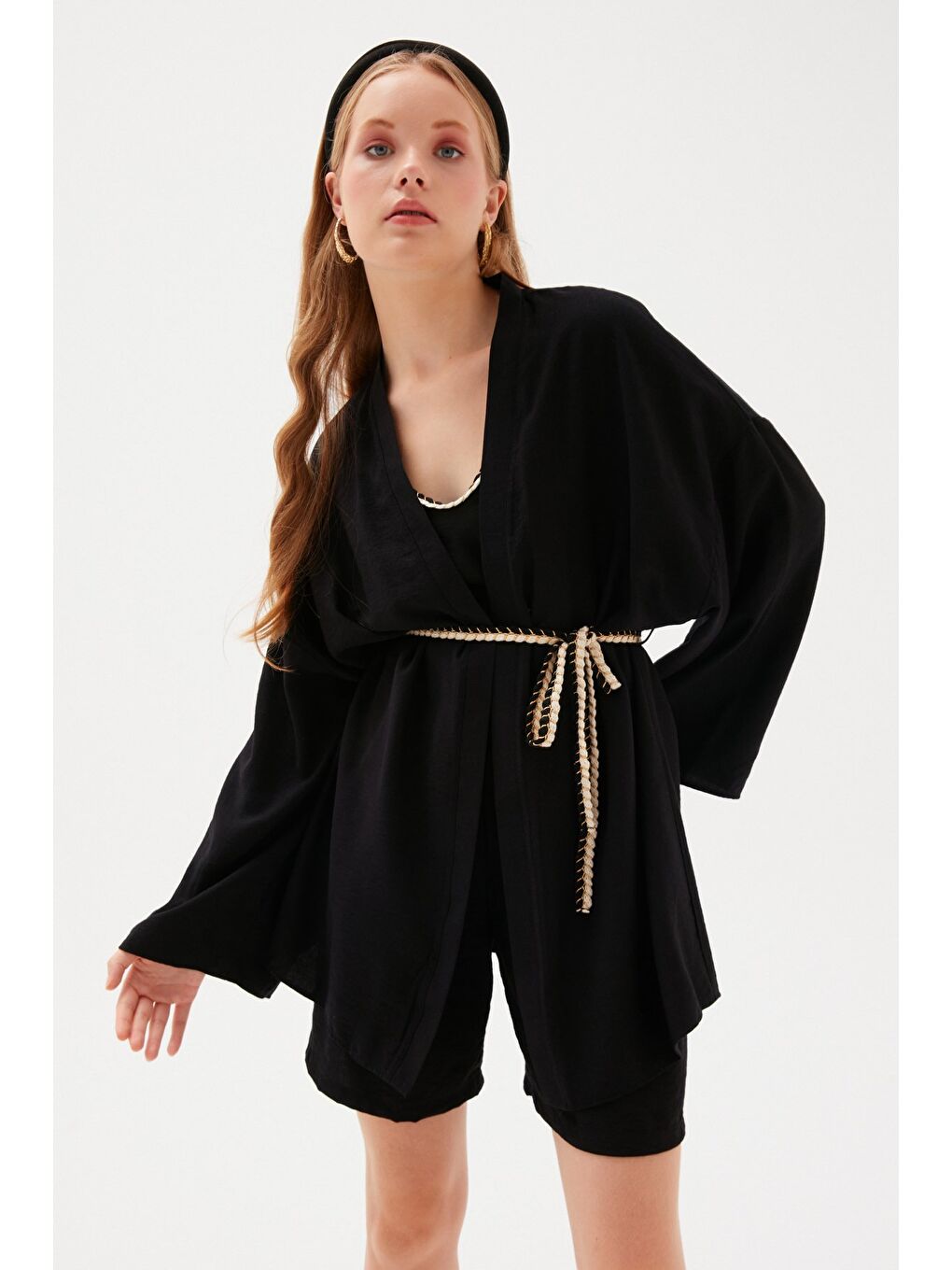 Kuşak Detaylı Salaş Kimono - Siyah-1