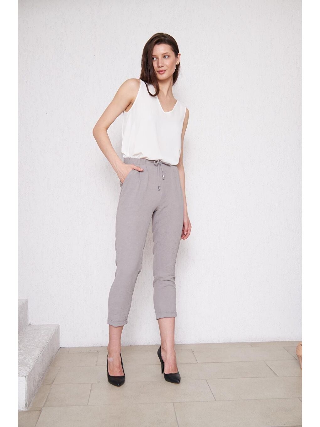 Kadın Beli Lastikli Aerobin Duble Paça Gri Pantolon-5