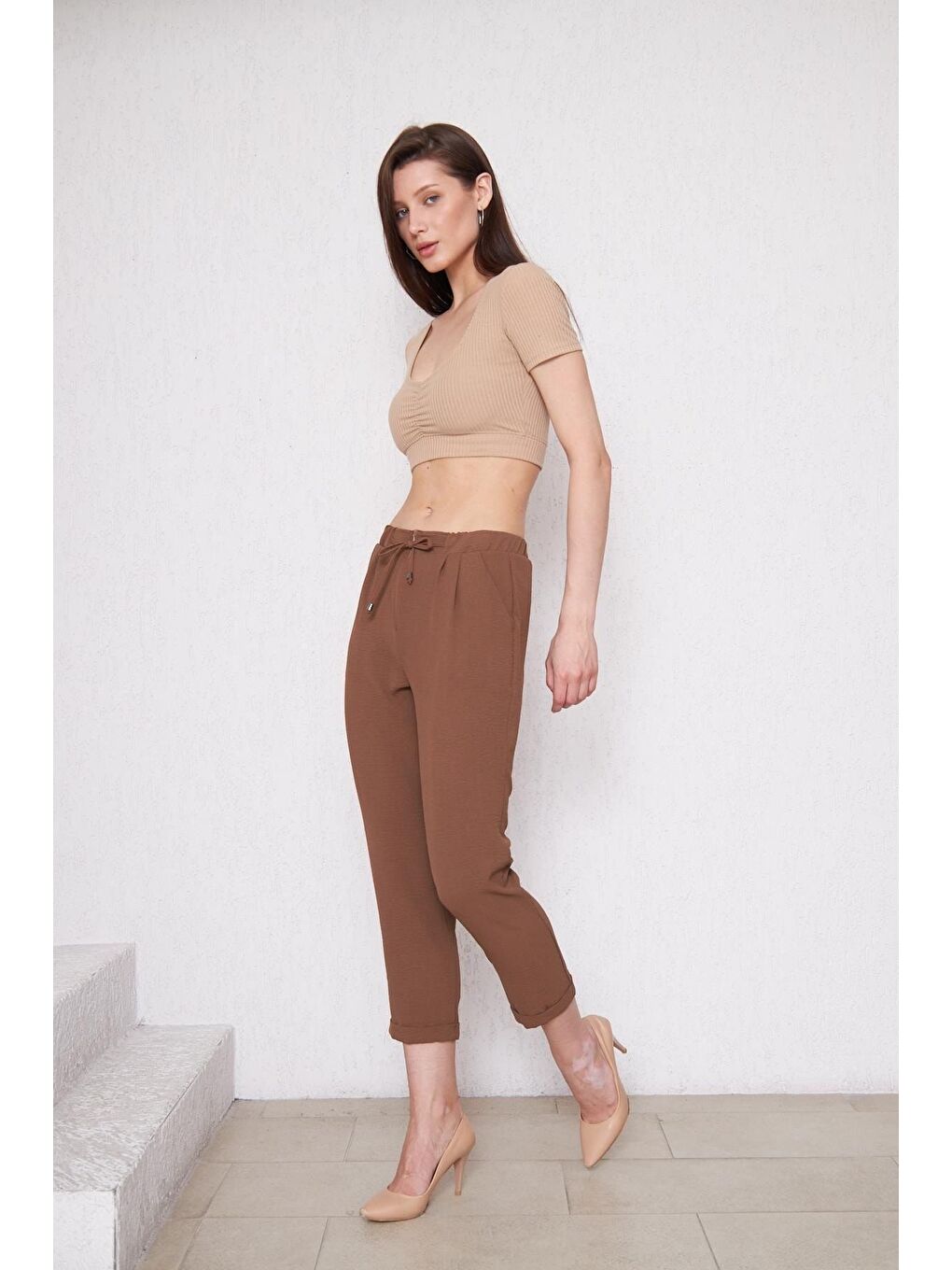 Kahverengi Kadın Beli Lastikli Aerobin Duble Paça Kahve Pantolon-3