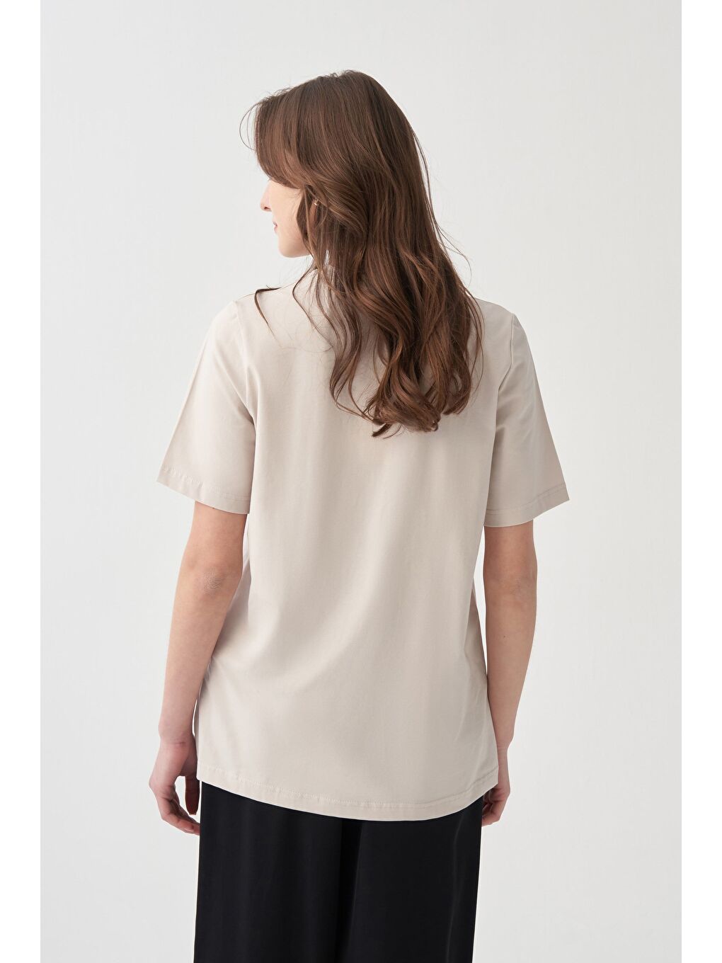 Bej Taş-Bisiklet Yaka Modal T-Shirt-3