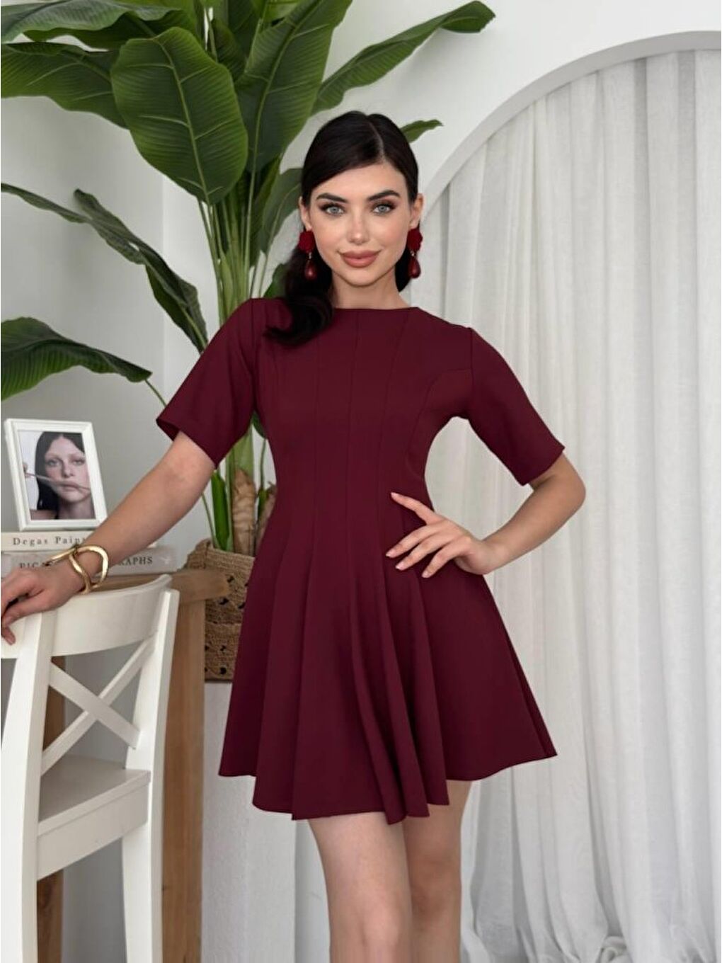 Bordo Crem Pliseli Elbise