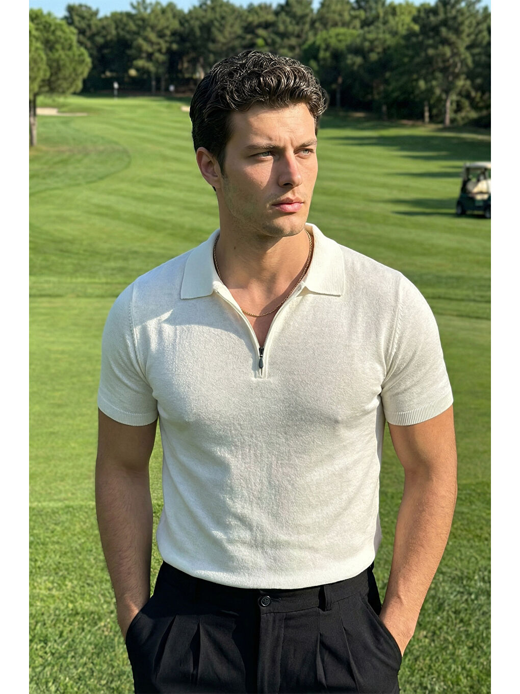 Beyaz Osko Erkek Polo Yaka Pamuk Düz İnce Triko Tişört-2