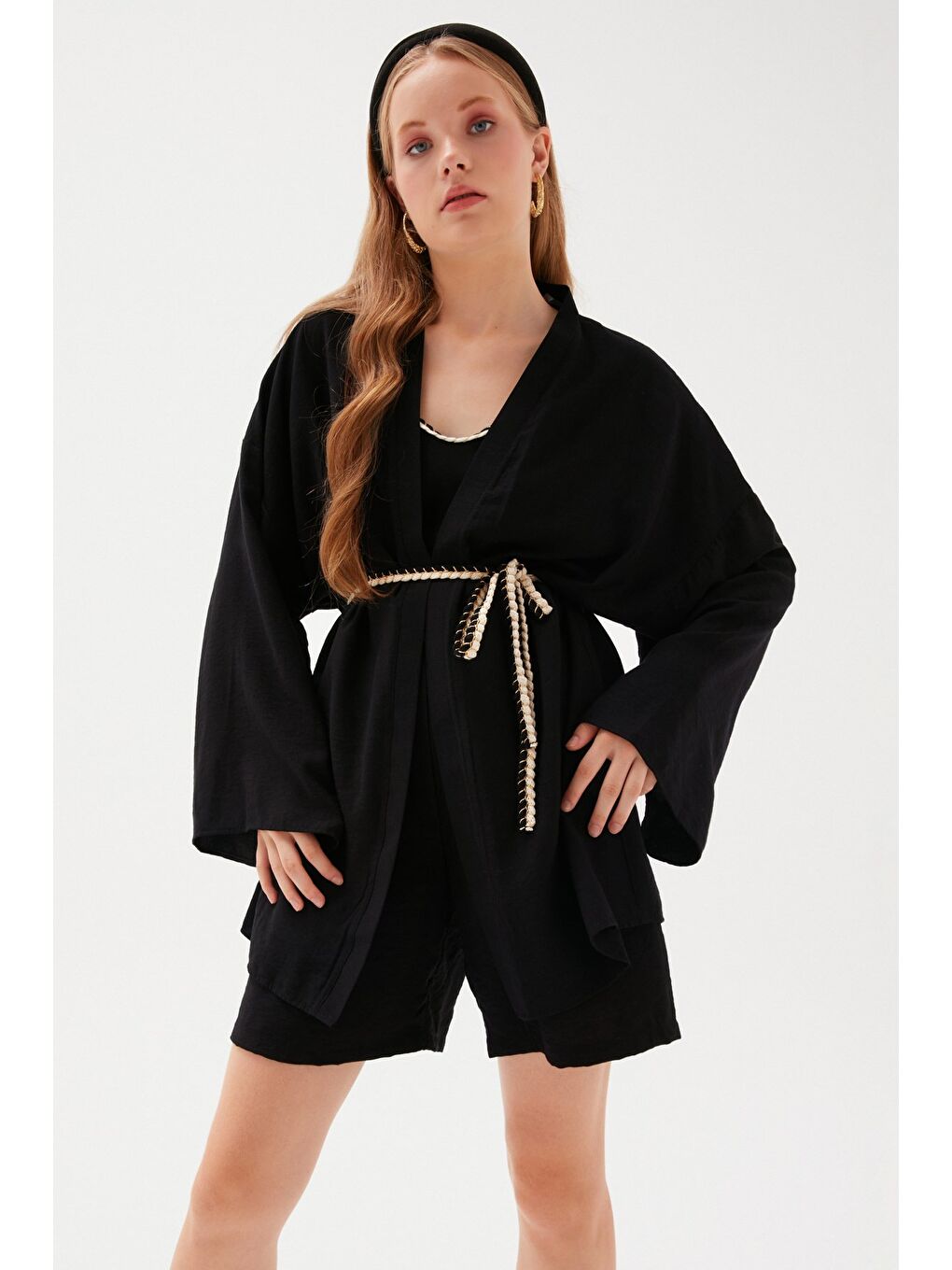 Kuşak Detaylı Salaş Kimono - Siyah-2