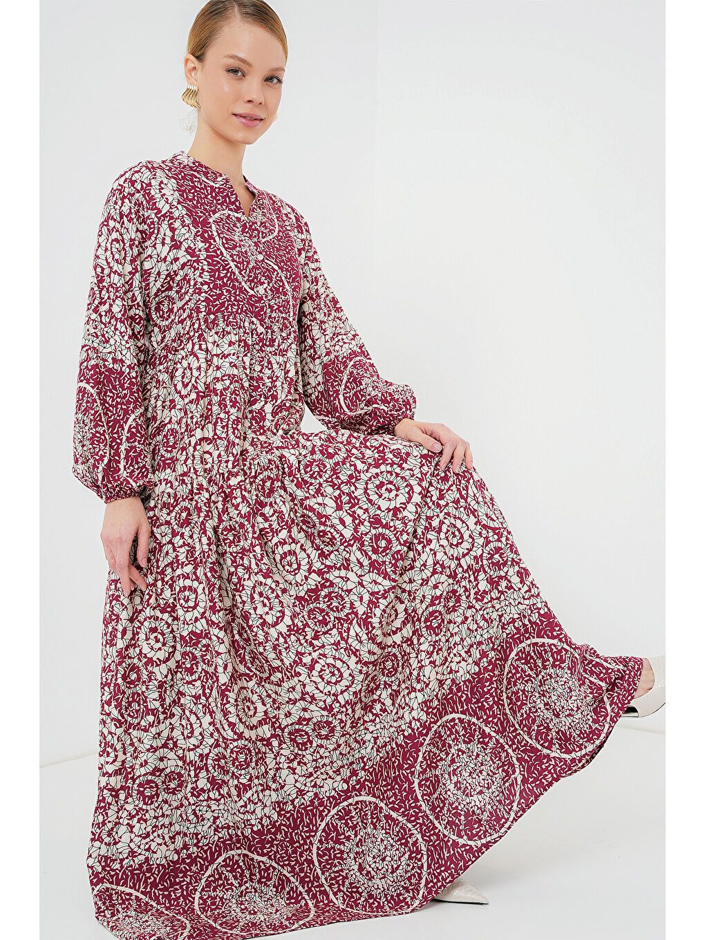 2423 Otantik Desenli Tesettür Elbise - E. Fuşya