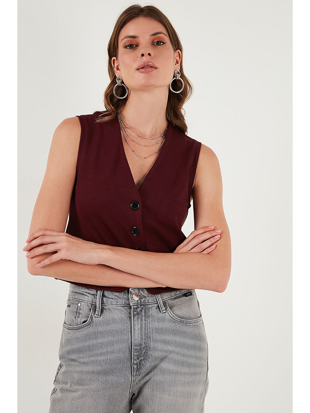 Bordo Streç Fitted Fit V Yaka Düğmeli Kadın Yelek 5865971-4