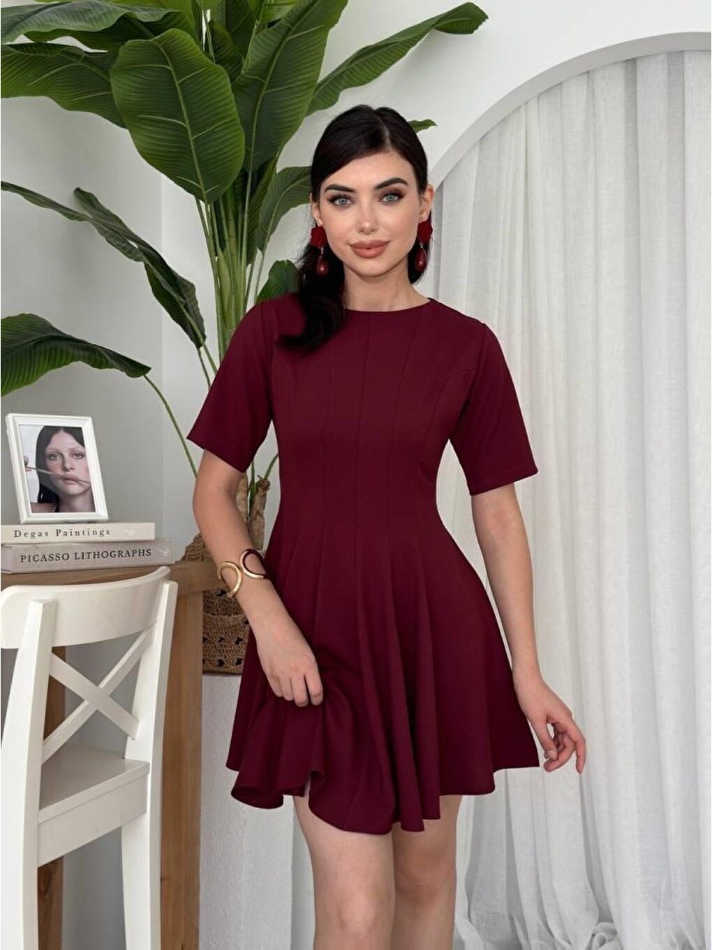 Bordo Crem Pliseli Elbise-1