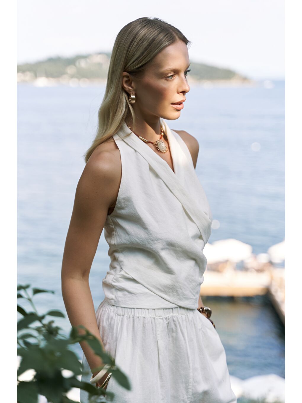 Struana Kruvaze Ekru Crop Pantolon Takım