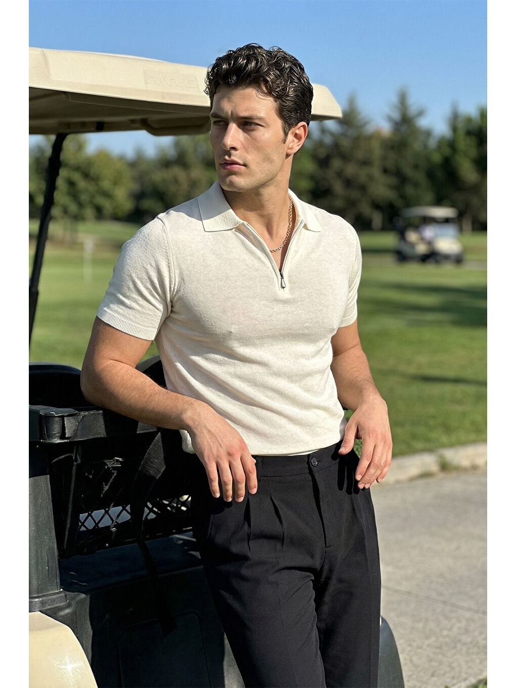 Beyaz Osko Erkek Polo Yaka Pamuk Düz İnce Triko Tişört-3