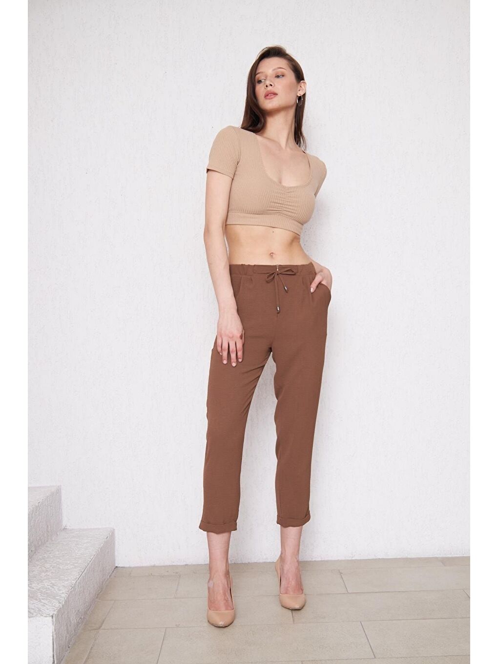Kahverengi Kadın Beli Lastikli Aerobin Duble Paça Kahve Pantolon-4