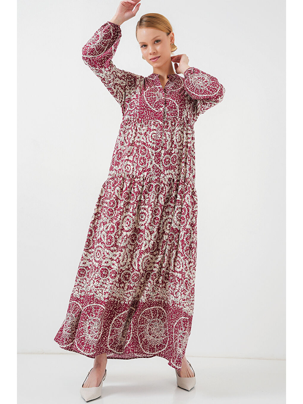 2423 Otantik Desenli Tesettür Elbise - E. Fuşya-1