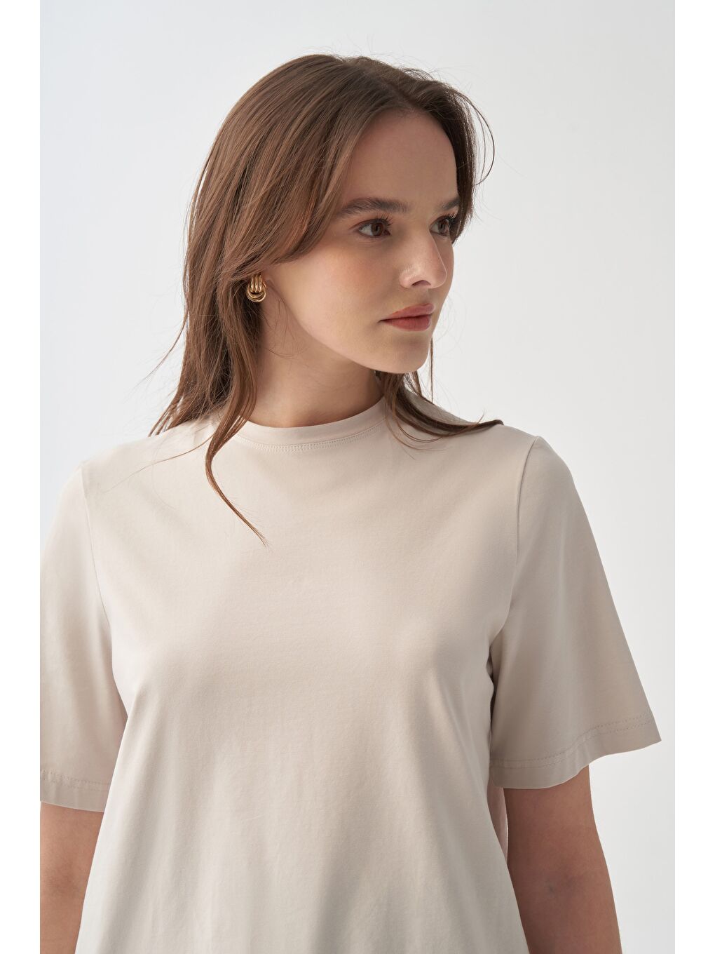 Bej Taş-Bisiklet Yaka Modal T-Shirt-4