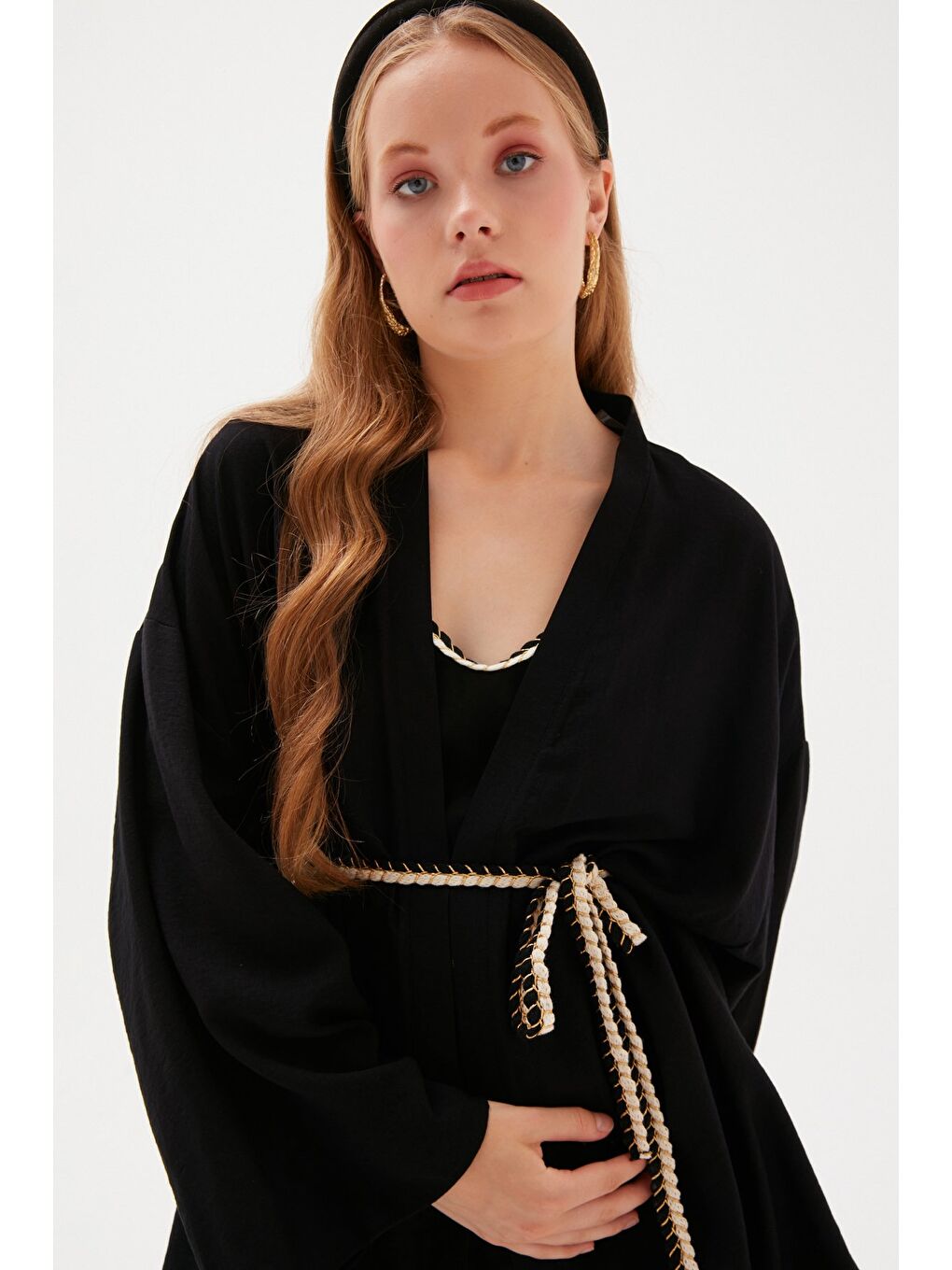 Kuşak Detaylı Salaş Kimono - Siyah-6