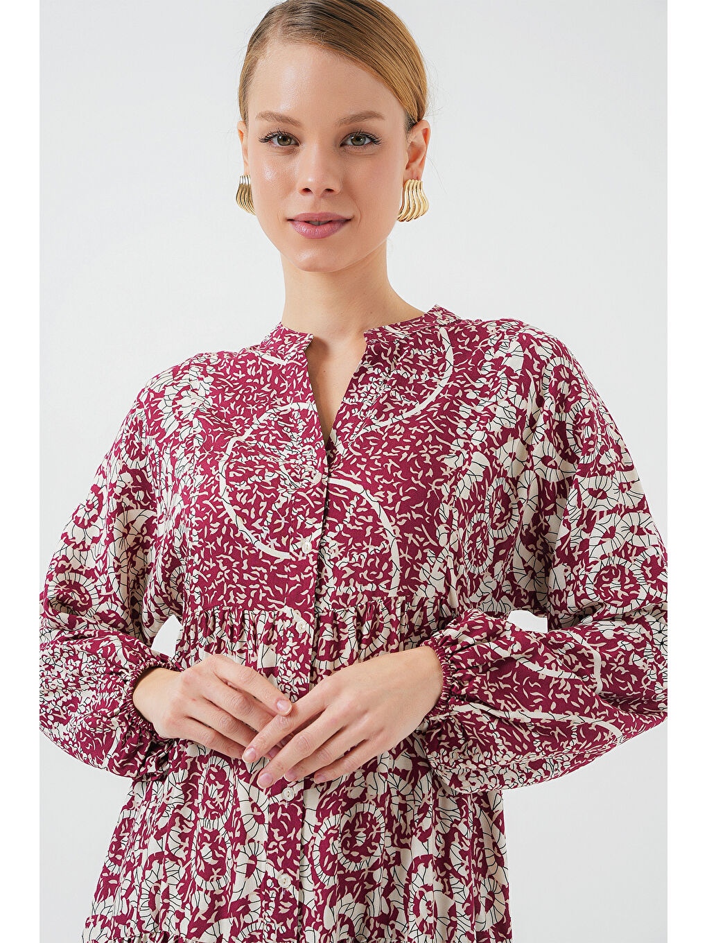 2423 Otantik Desenli Tesettür Elbise - E. Fuşya-2