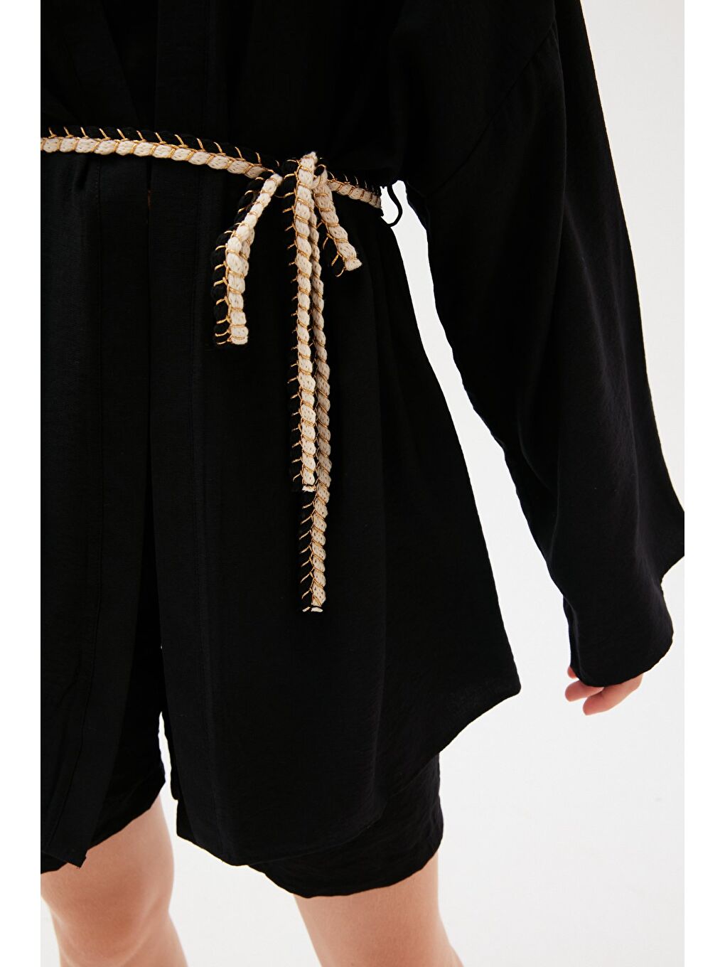 Kuşak Detaylı Salaş Kimono - Siyah-7