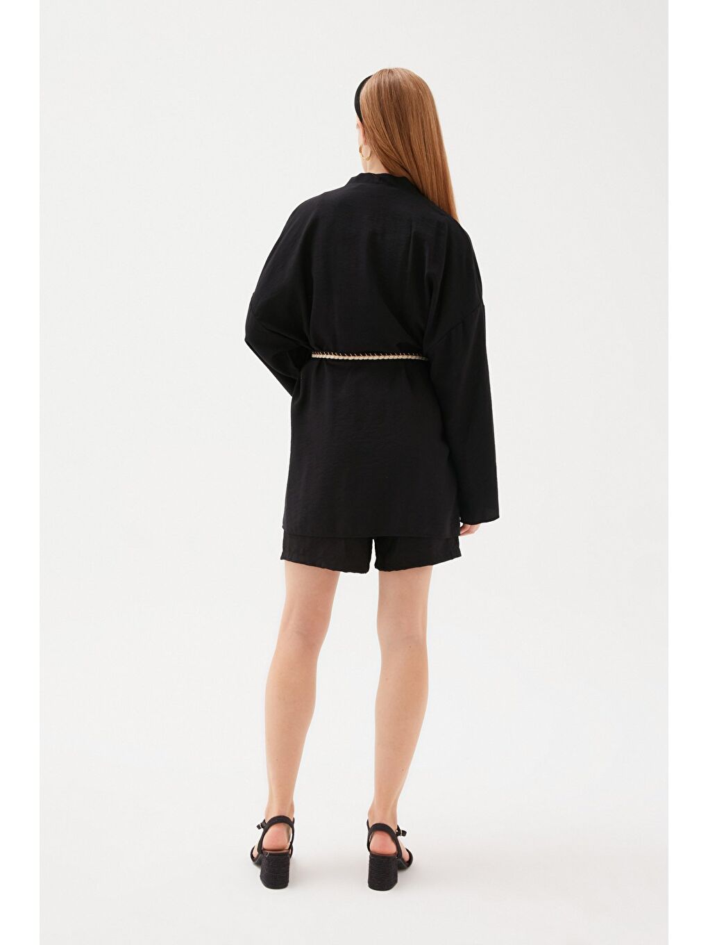 Kuşak Detaylı Salaş Kimono - Siyah-8