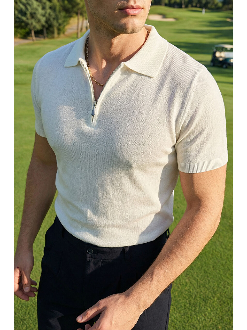 Beyaz Osko Erkek Polo Yaka Pamuk Düz İnce Triko Tişört-4