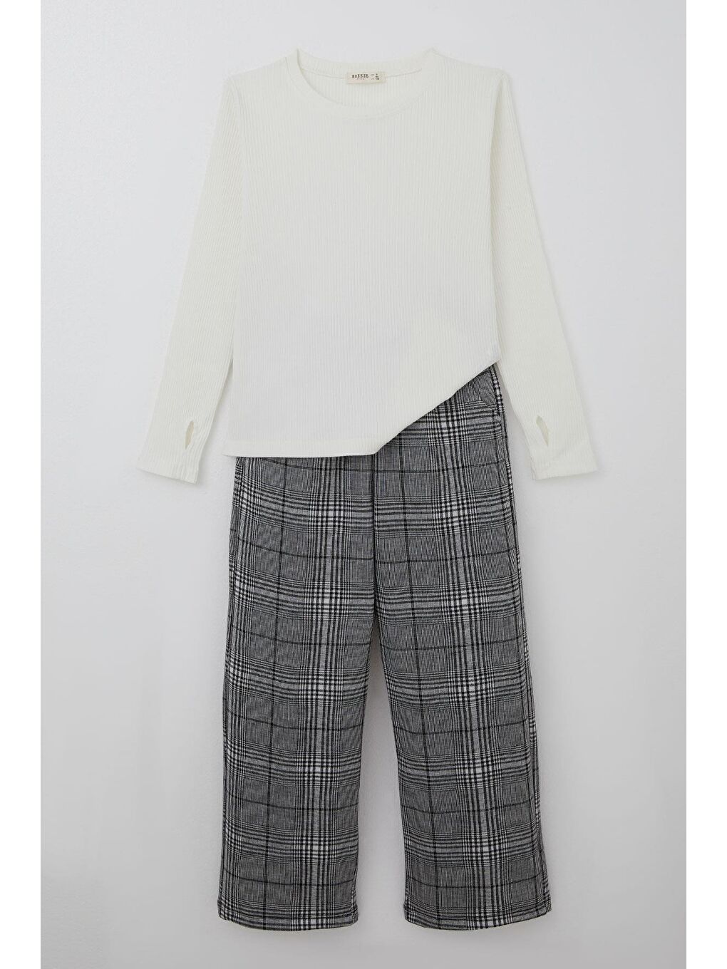 Kız Çocuk Pantolonlu Takım Bluzu Parmak Detaylı Pantolonu Ekose Desenli Ekru (9 Yaş)-1