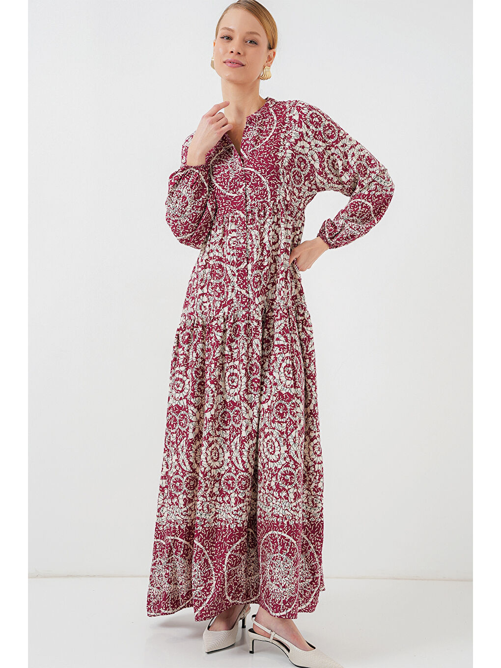 2423 Otantik Desenli Tesettür Elbise - E. Fuşya-3