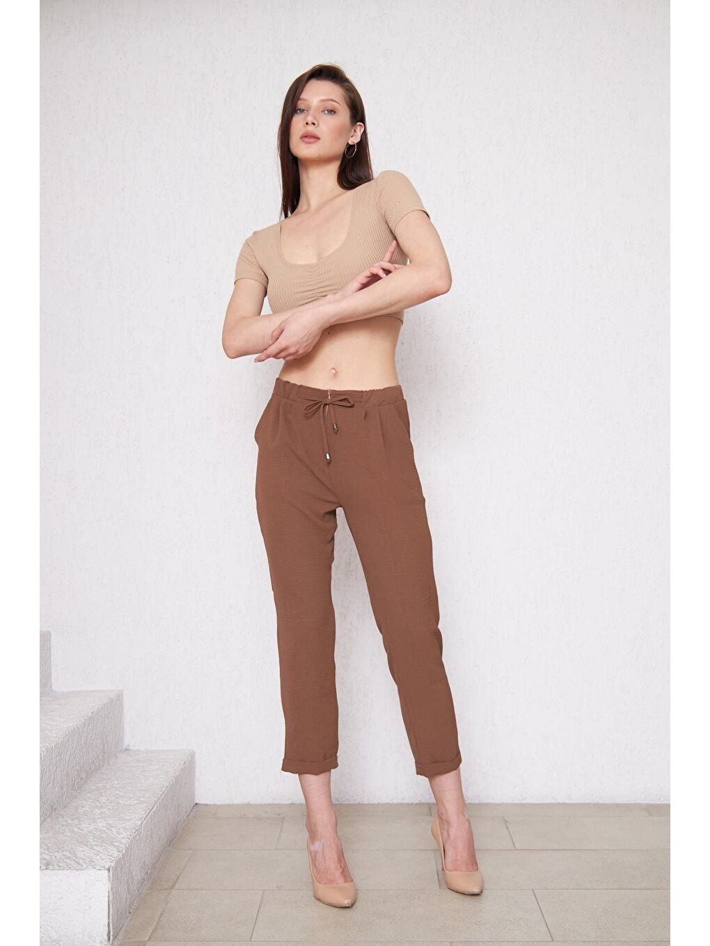 Kahverengi Kadın Beli Lastikli Aerobin Duble Paça Kahve Pantolon-5