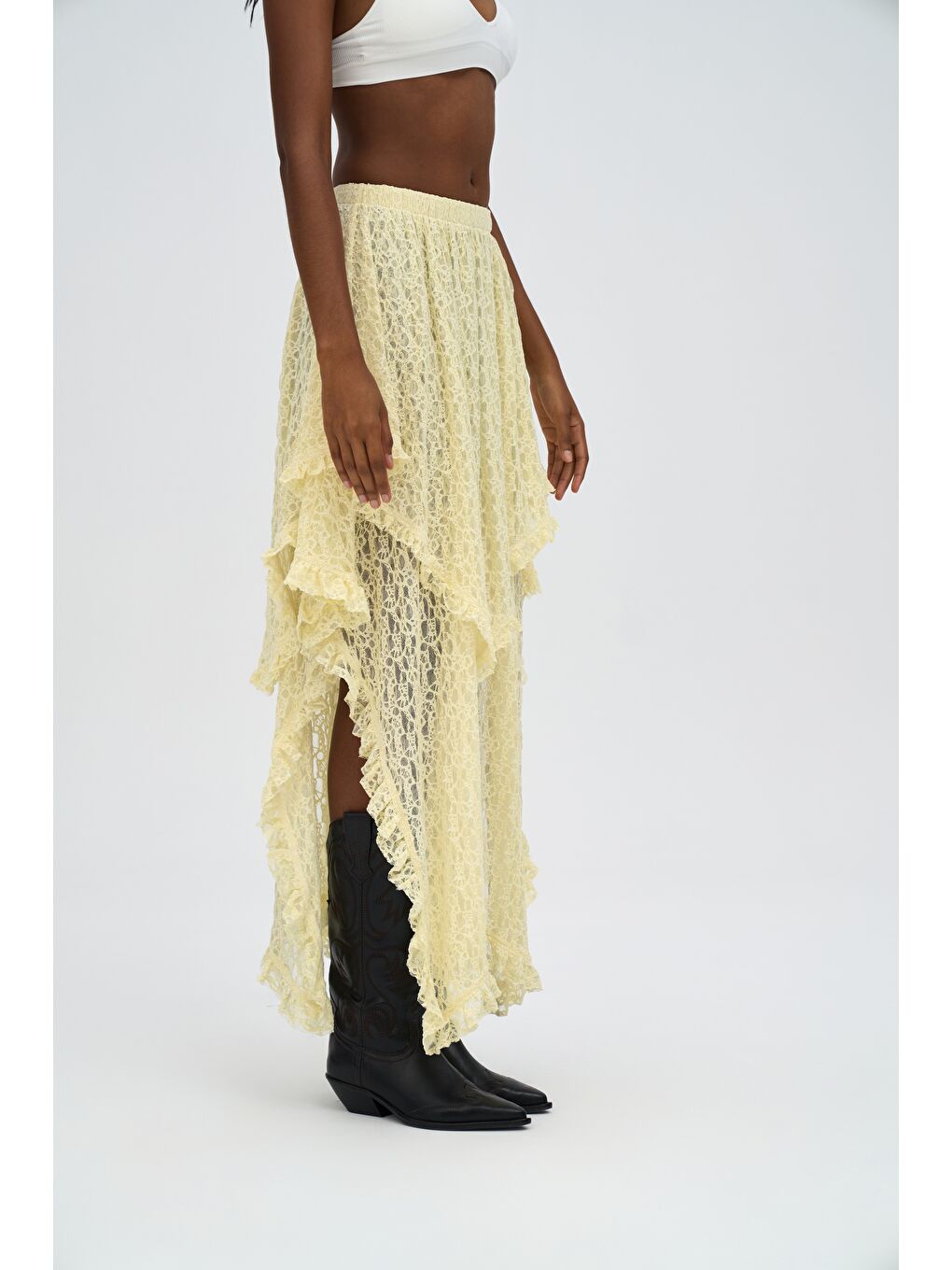 Mireya Asimetrik Sarı Dantel Etek-3