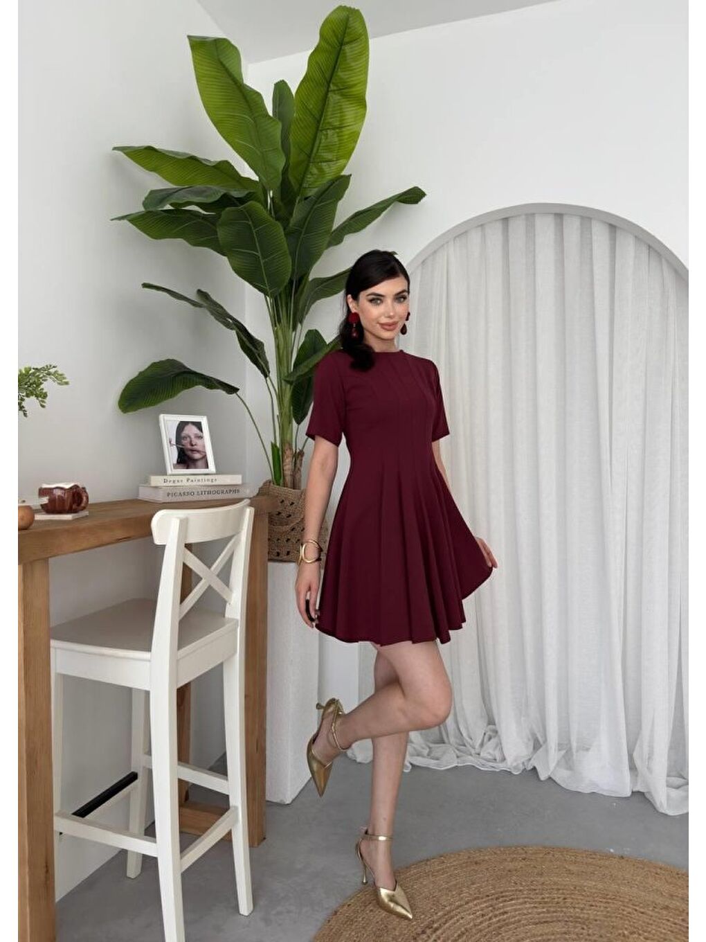 Bordo Crem Pliseli Elbise-4