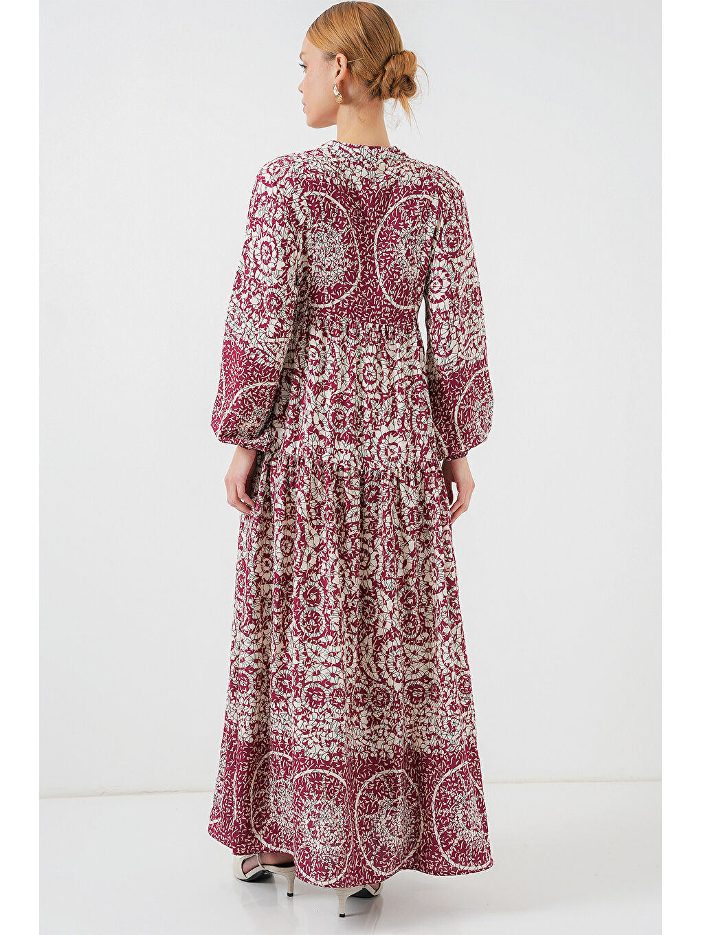 2423 Otantik Desenli Tesettür Elbise - E. Fuşya-5