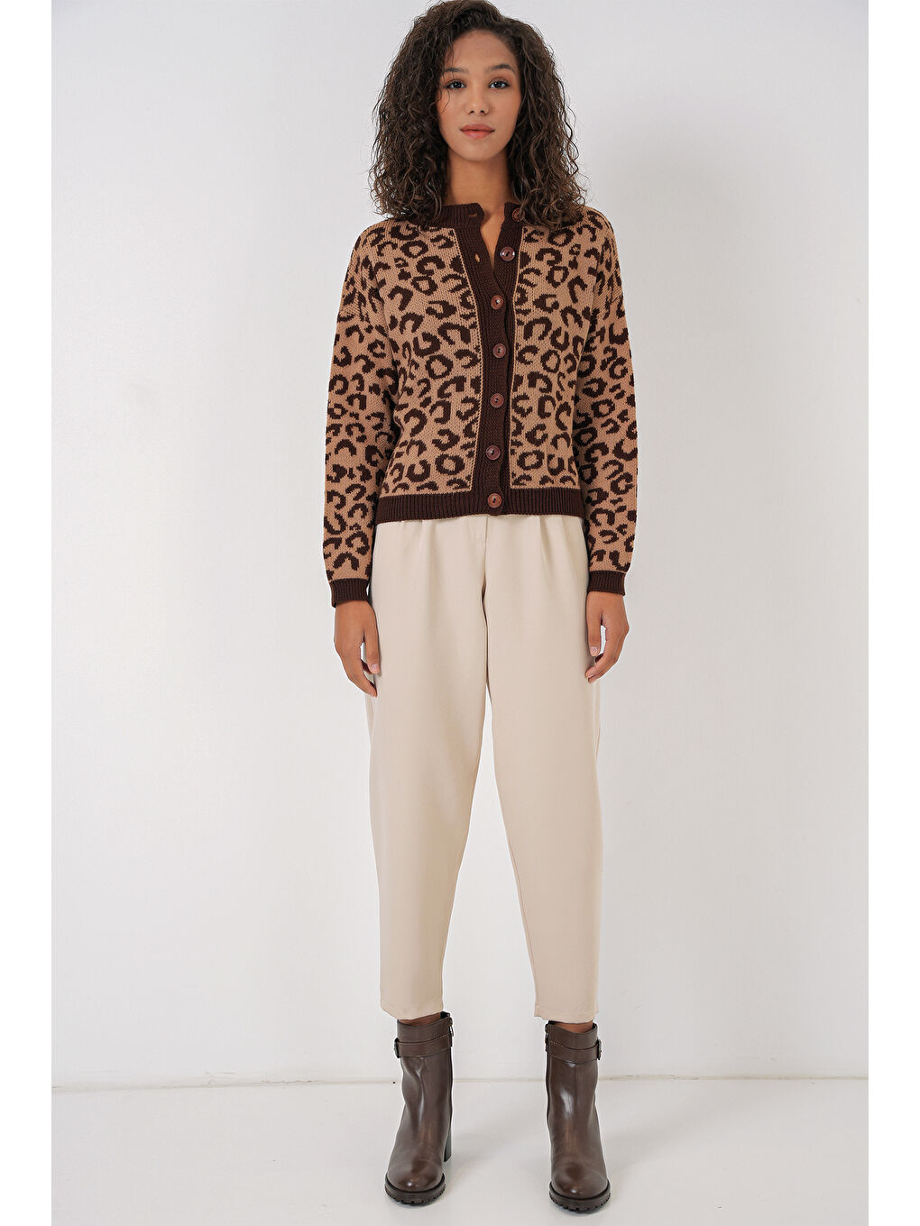 15911 Kadın Desenli Triko Hırka - Kahverengi-1