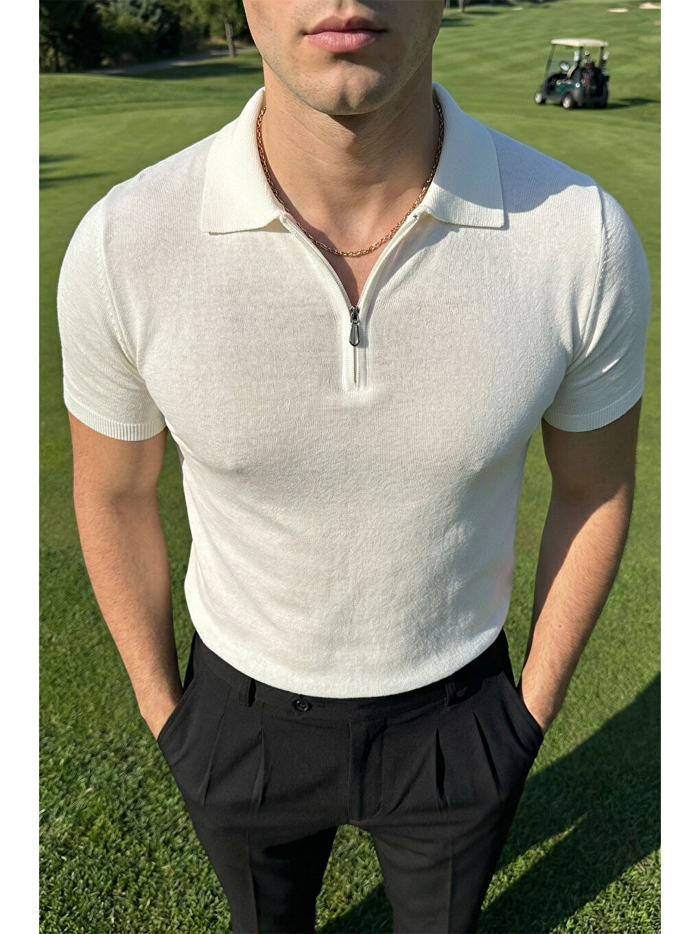 Beyaz Osko Erkek Polo Yaka Pamuk Düz İnce Triko Tişört-5