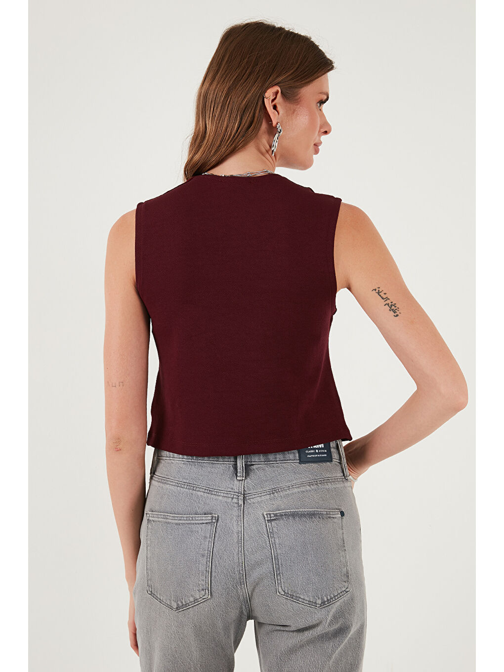 Bordo Streç Fitted Fit V Yaka Düğmeli Kadın Yelek 5865971-5