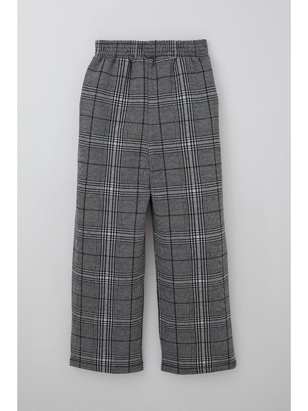 Kız Çocuk Pantolonlu Takım Bluzu Parmak Detaylı Pantolonu Ekose Desenli Ekru (9 Yaş)-5