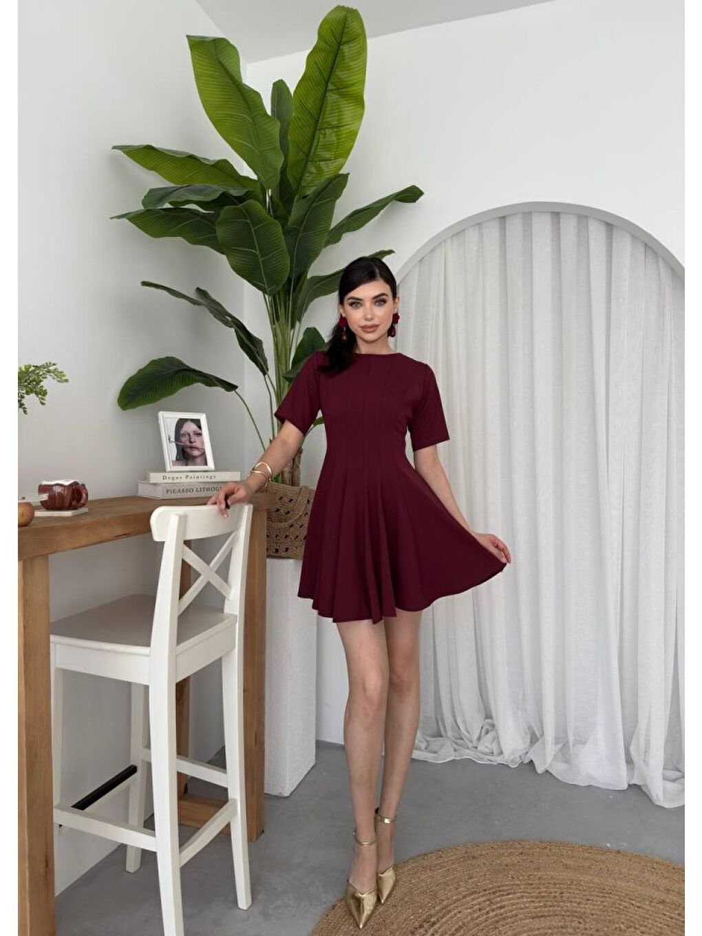 Bordo Crem Pliseli Elbise-5