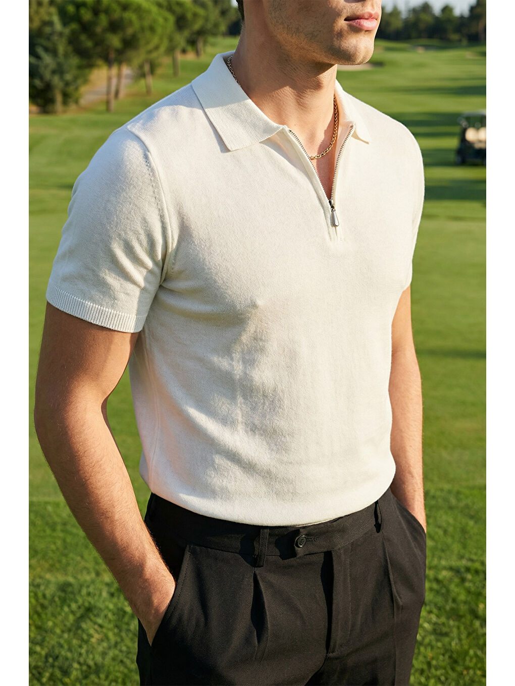 Beyaz Osko Erkek Polo Yaka Pamuk Düz İnce Triko Tişört-6