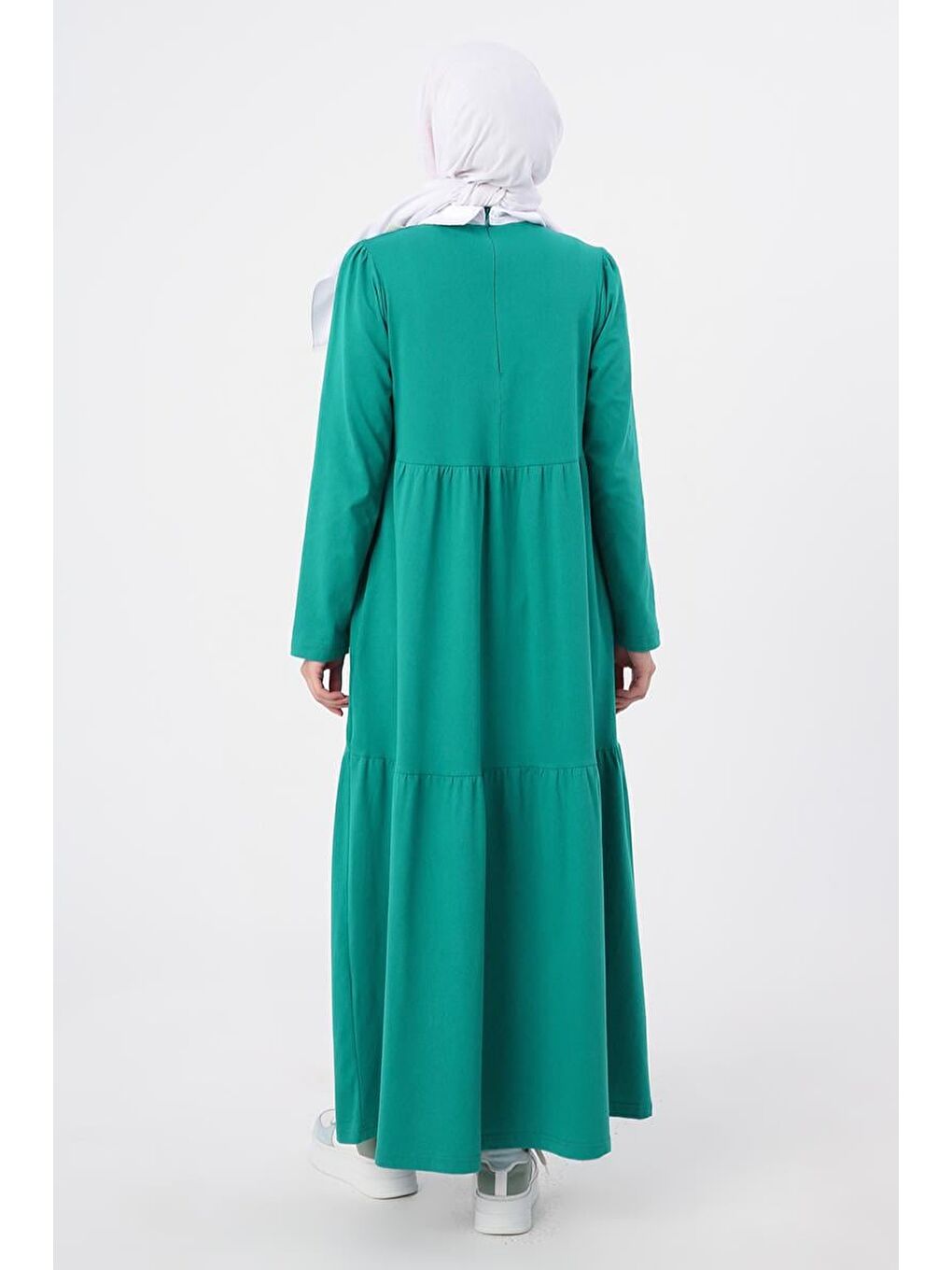Yeşil Zümrüt-Pamuklu Gömlek Yaka Cepli Fırfırlı Örme Elbise-3